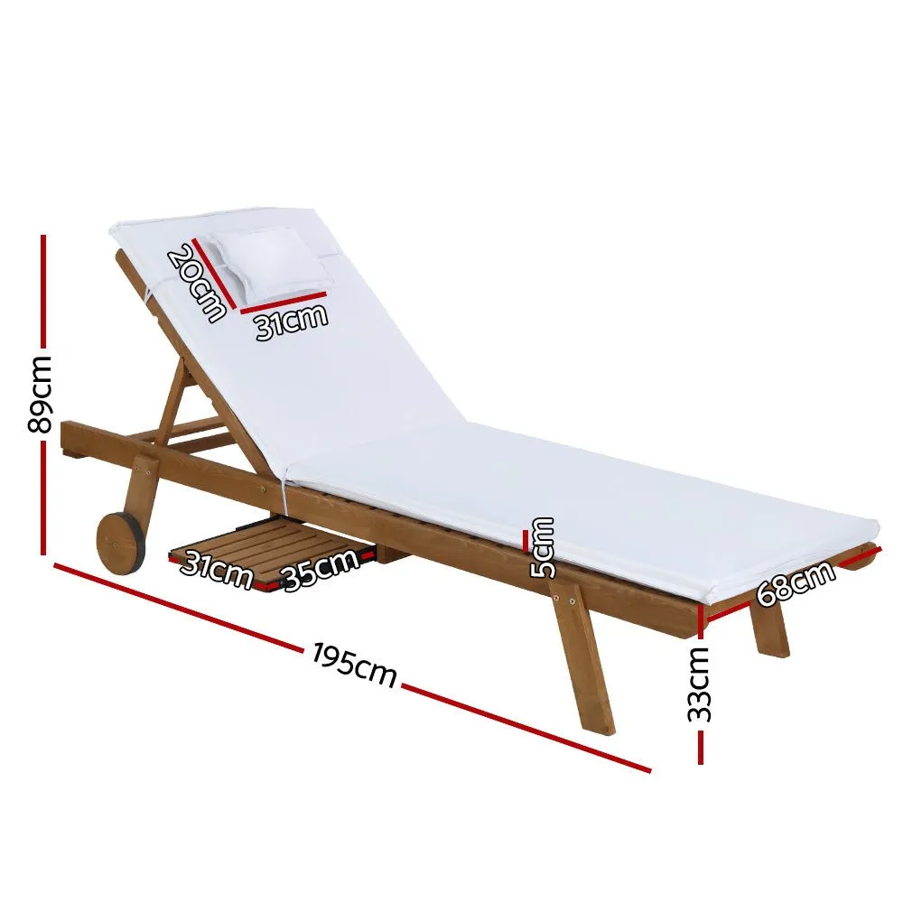 Set of 2 Wooden Sun Loungers Wheel Patio White