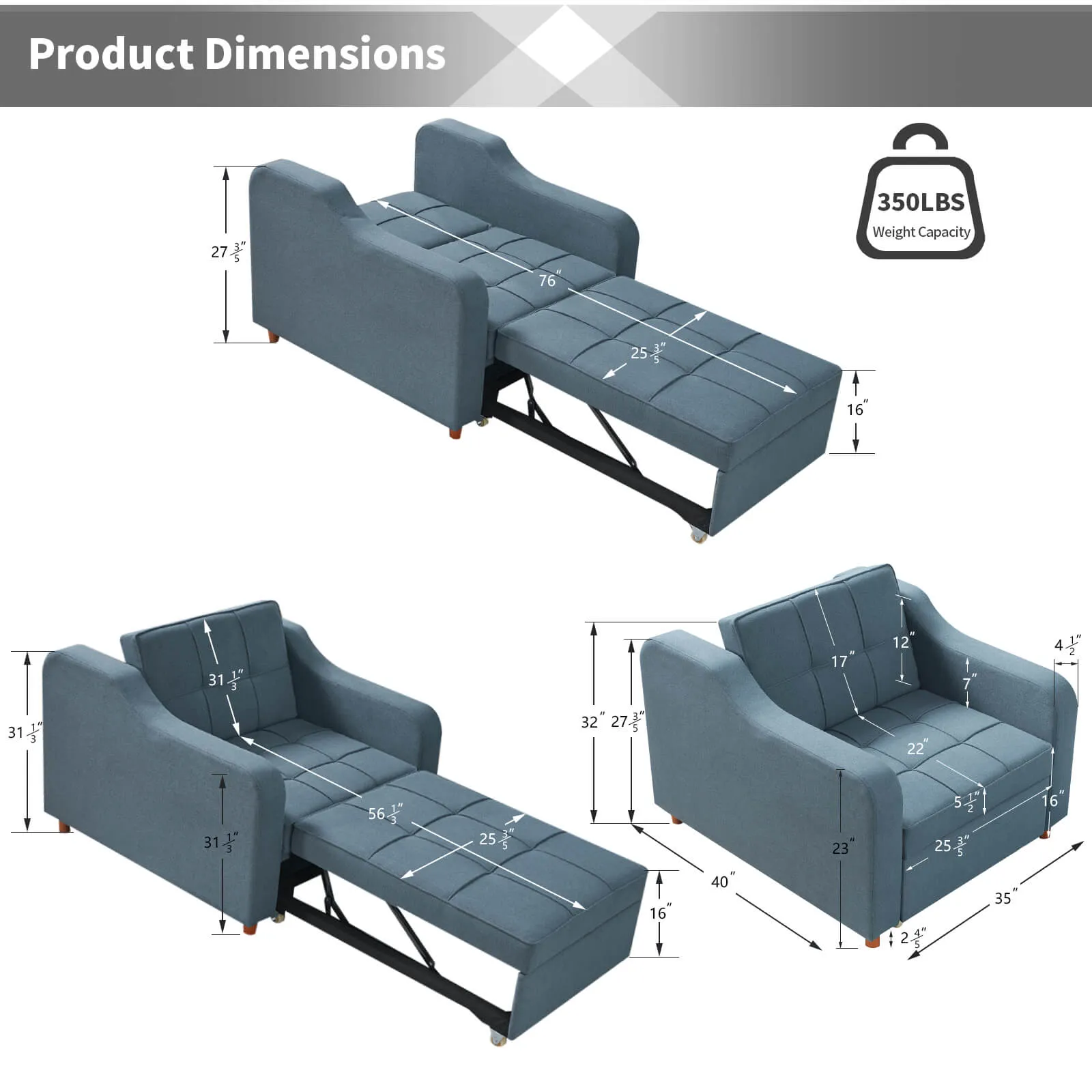 Sofa Bed 3-in-1 Convertible Chair Multi-Functional Sofa Bed Adjustable Recliner(Blue Grey)