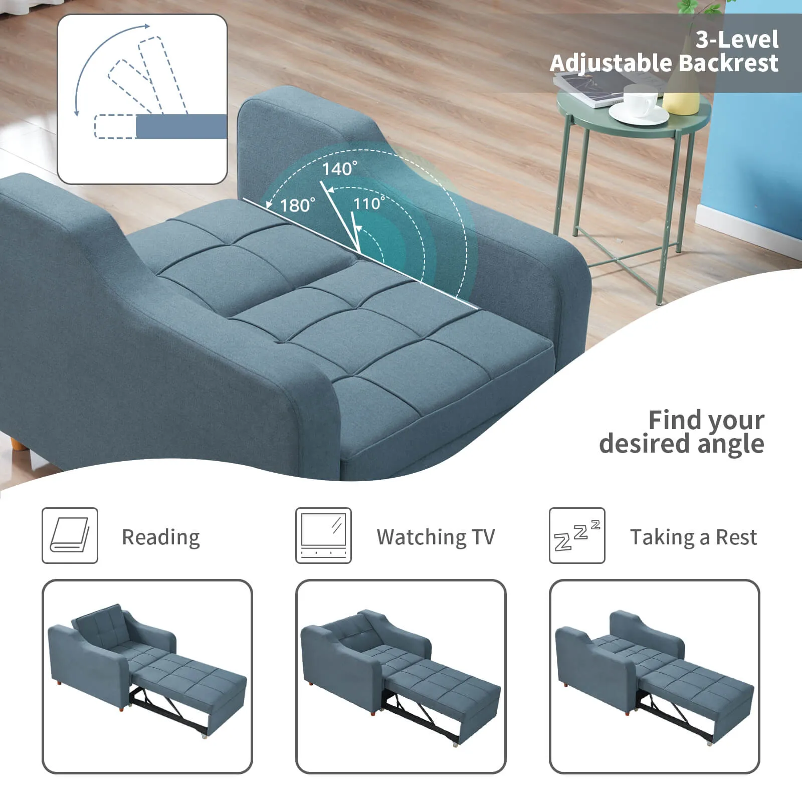 Sofa Bed 3-in-1 Convertible Chair Multi-Functional Sofa Bed Adjustable Recliner(Blue Grey)