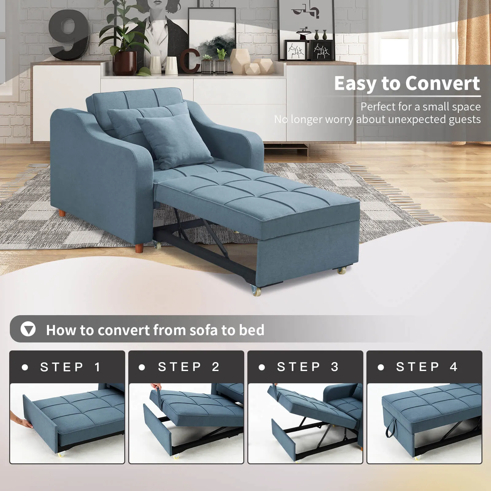 Sofa Bed 3-in-1 Convertible Chair Multi-Functional Sofa Bed Adjustable Recliner(Blue Grey)