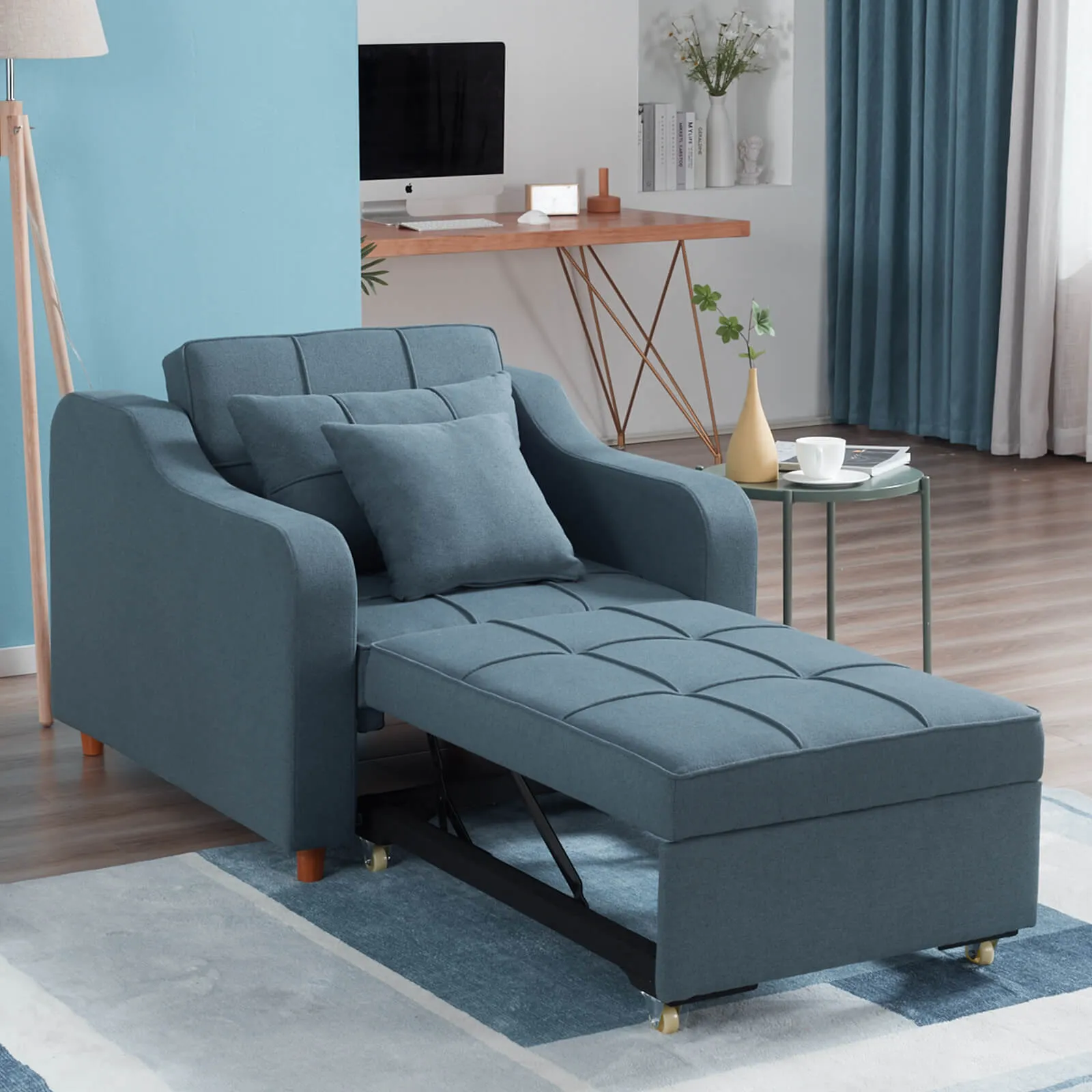 Sofa Bed 3-in-1 Convertible Chair Multi-Functional Sofa Bed Adjustable Recliner(Blue Grey)