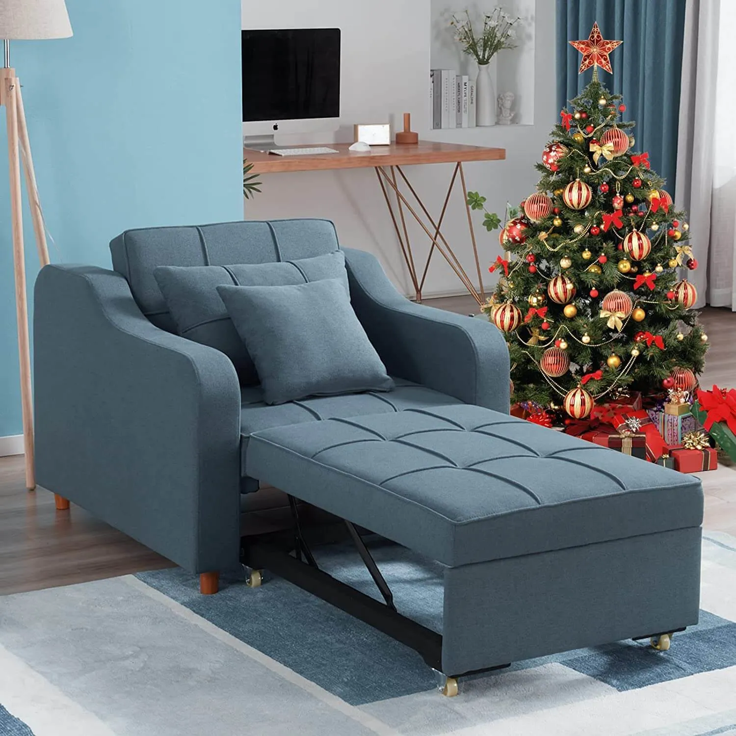 Sofa Bed 3-in-1 Convertible Chair Multi-Functional Sofa Bed Adjustable Recliner(Blue Grey)