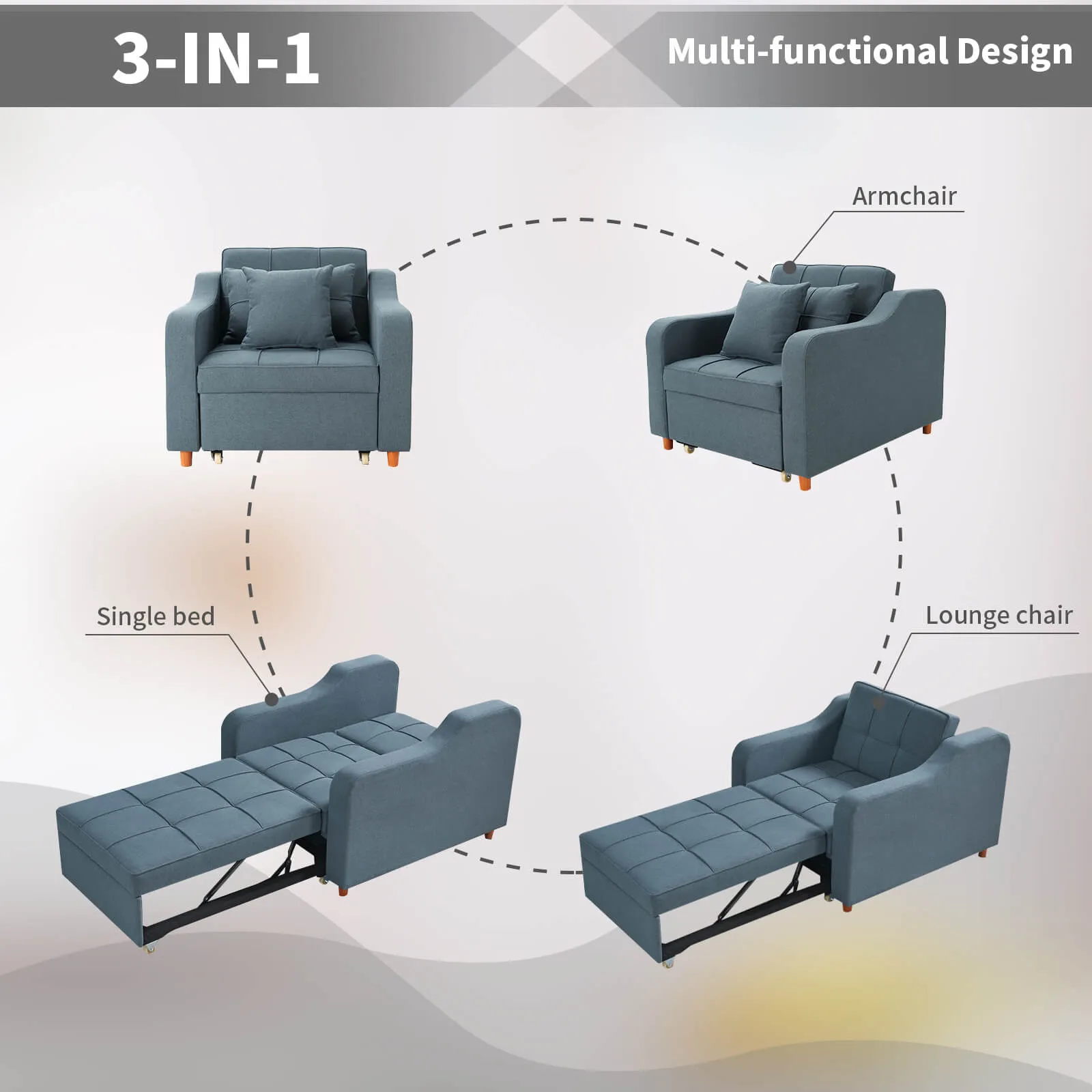 Sofa Bed 3-in-1 Convertible Chair Multi-Functional Sofa Bed Adjustable Recliner(Blue Grey)