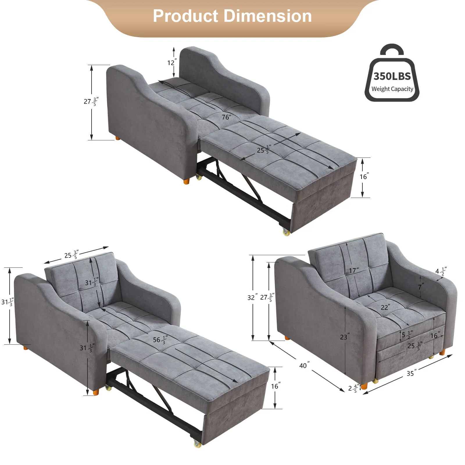 Sofa Bed 3-in-1 Convertible Chair Multi-Functional Sofa Bed Adjustable Recliner(Dark Grey)