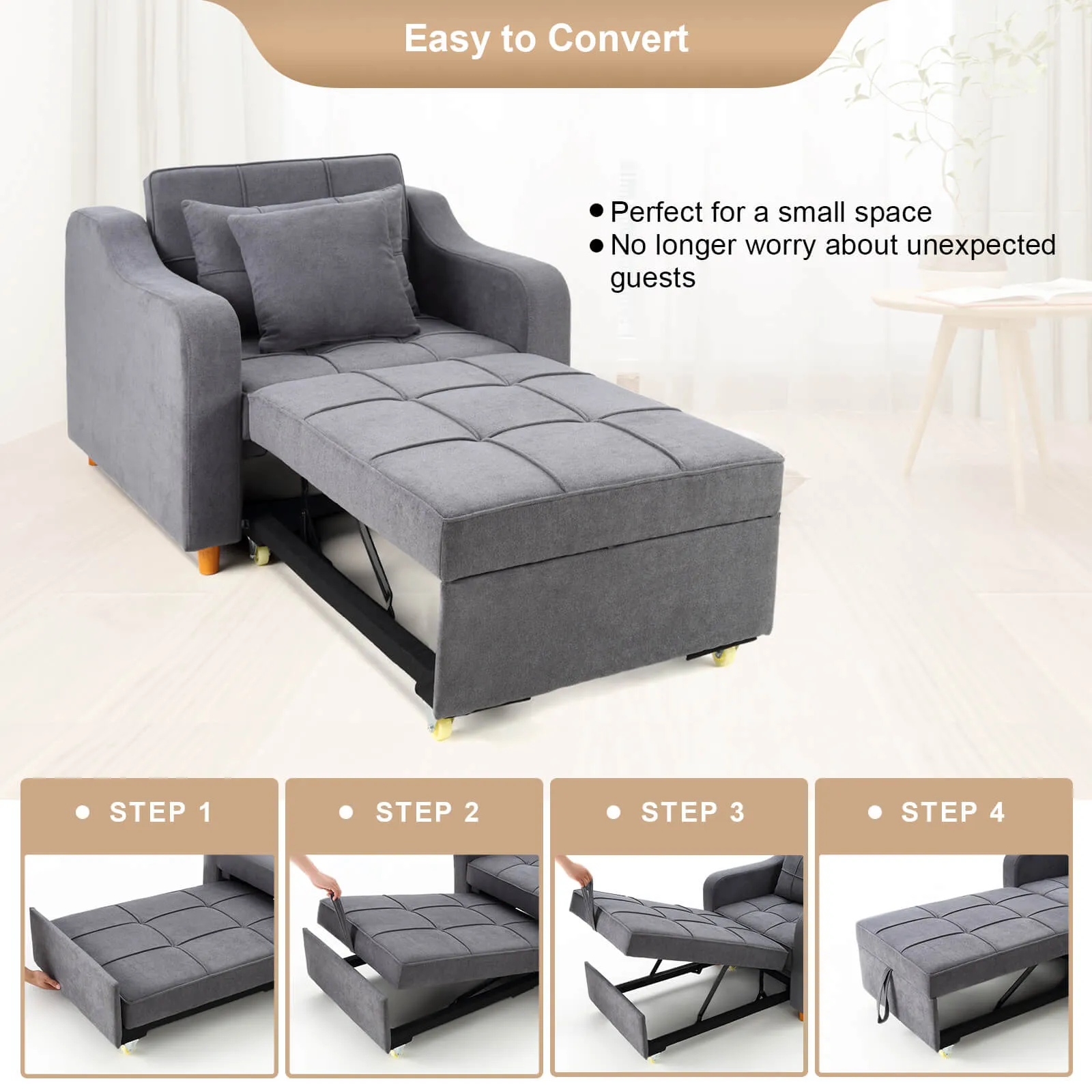 Sofa Bed 3-in-1 Convertible Chair Multi-Functional Sofa Bed Adjustable Recliner(Dark Grey)