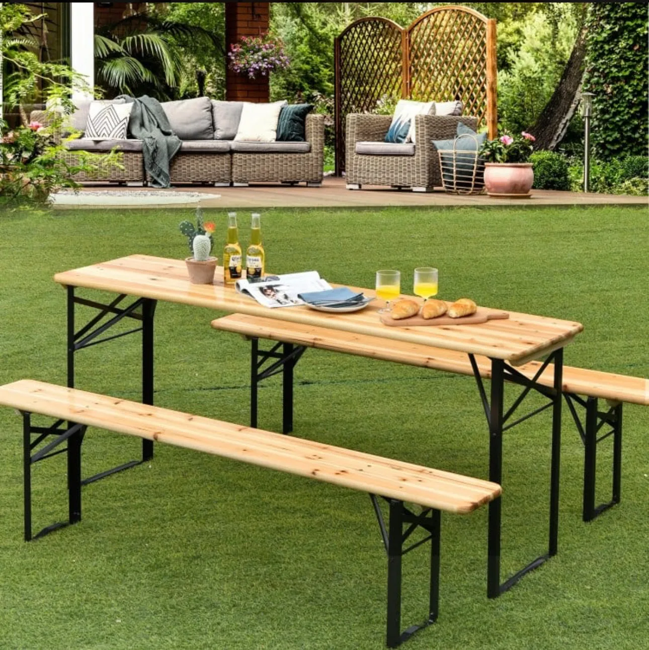 Super Cool 3-Piece Foldable Heavy Duty Patio Wooden Picnic Table Bench Set | Easy Set Up | Indoor, Outdoor