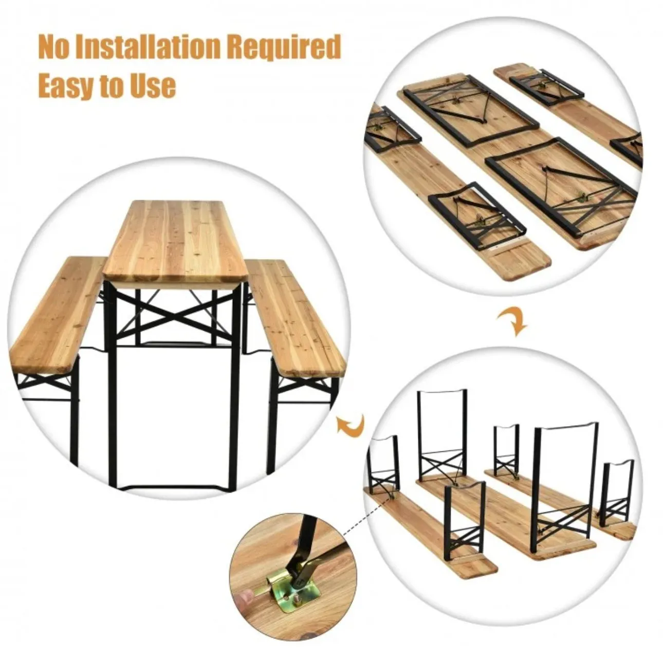 Super Cool 3-Piece Foldable Heavy Duty Patio Wooden Picnic Table Bench Set | Easy Set Up | Indoor, Outdoor