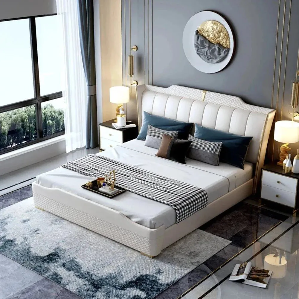 Superb Luxury Upholstered Bed In White Leatherette