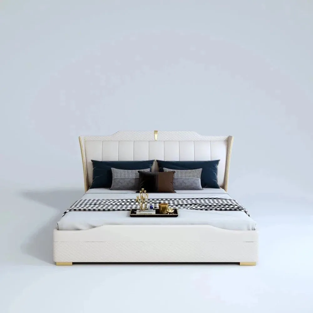 Superb Luxury Upholstered Bed In White Leatherette