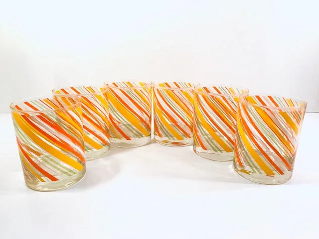 Tastesetter Signed Yellow, Orange and Green Retro Striped Double Old Fashion Glasses (Set of 6)