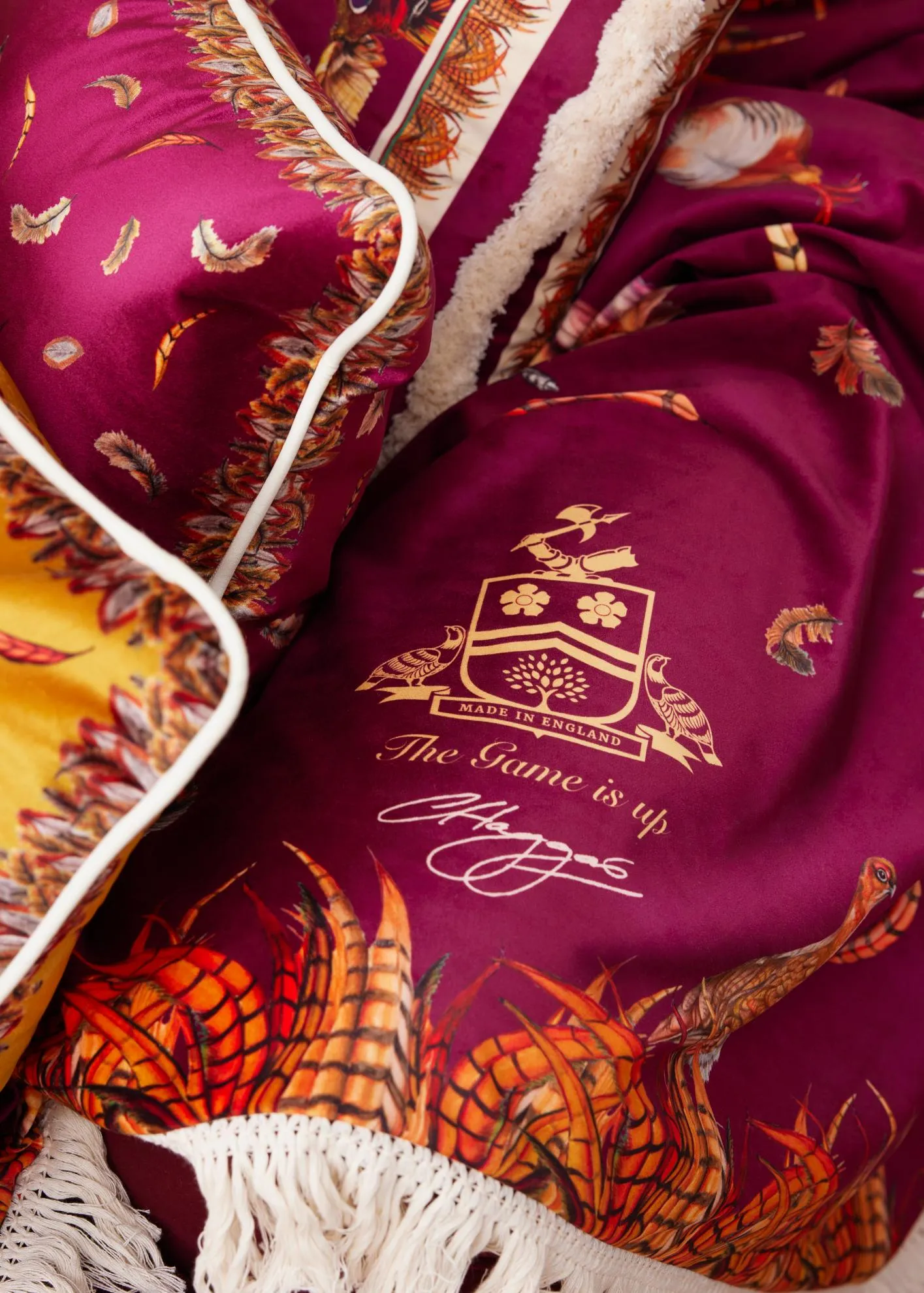 The Game Is Up Luxury Pheasant Throw in Mulberry