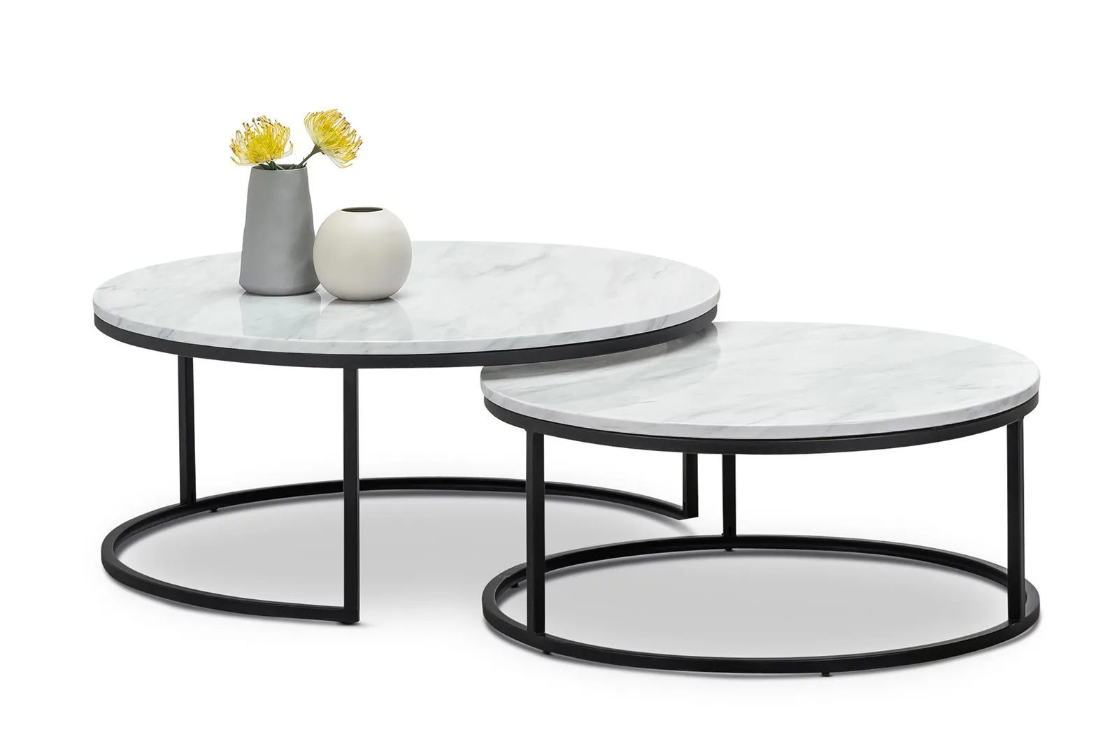 Tundra Round Nest White Marble Coffee Table - Black