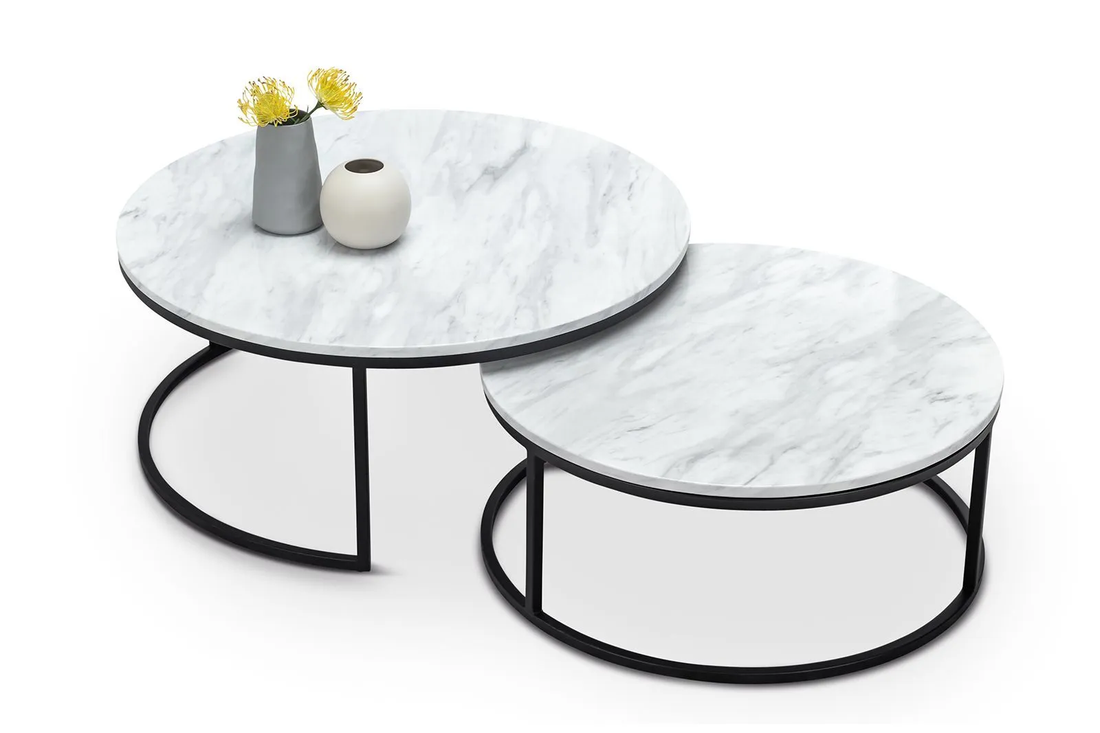 Tundra Round Nest White Marble Coffee Table - Black