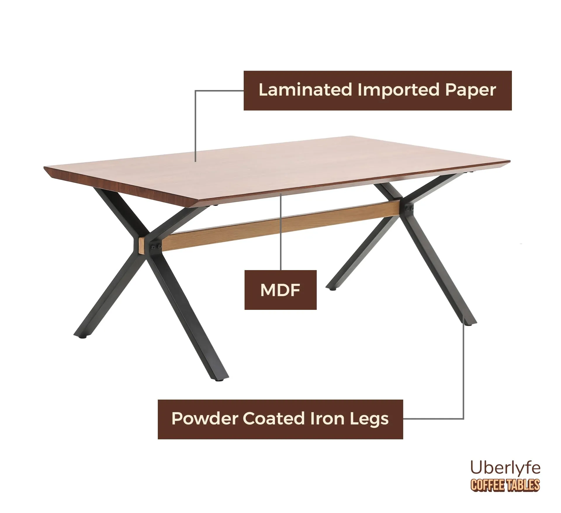 uberlyfe Coffee Table for Living Room, Cocktail Table, Center Table for Bedroom, Office | Teak Wood Finish | H Type, Large