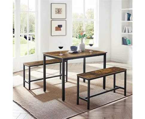 VASAGLE Dining Table Set with 2 Benches Rustic Brown and Black KDT070B01