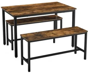 VASAGLE Dining Table Set with 2 Benches Rustic Brown and Black KDT070B01