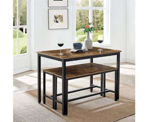 VASAGLE Dining Table Set with 2 Benches Rustic Brown and Black KDT070B01