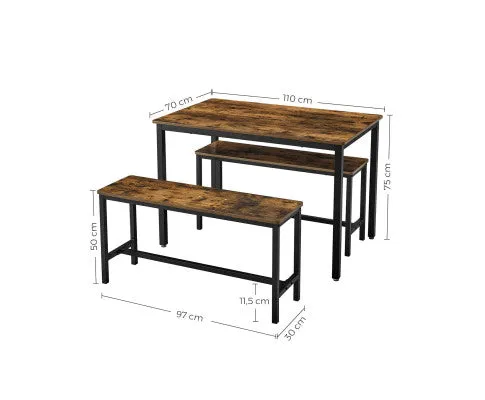 VASAGLE Industrial Rustic Brown Dining Table with 2 Benches