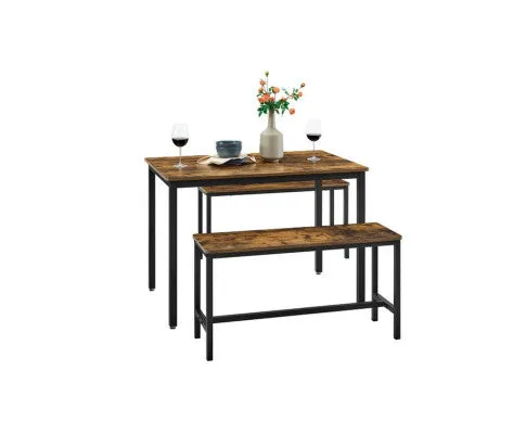 VASAGLE Industrial Rustic Brown Dining Table with 2 Benches